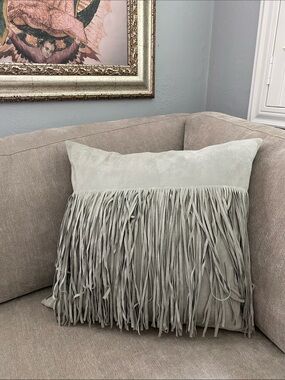 Suede Fringe Accent Pillow in Light Gray